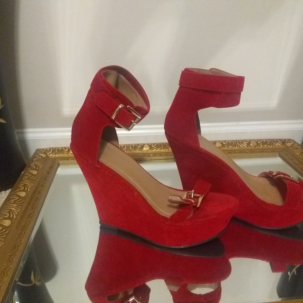 Candy Red Open Toe Wedges - Picture 4 of 6